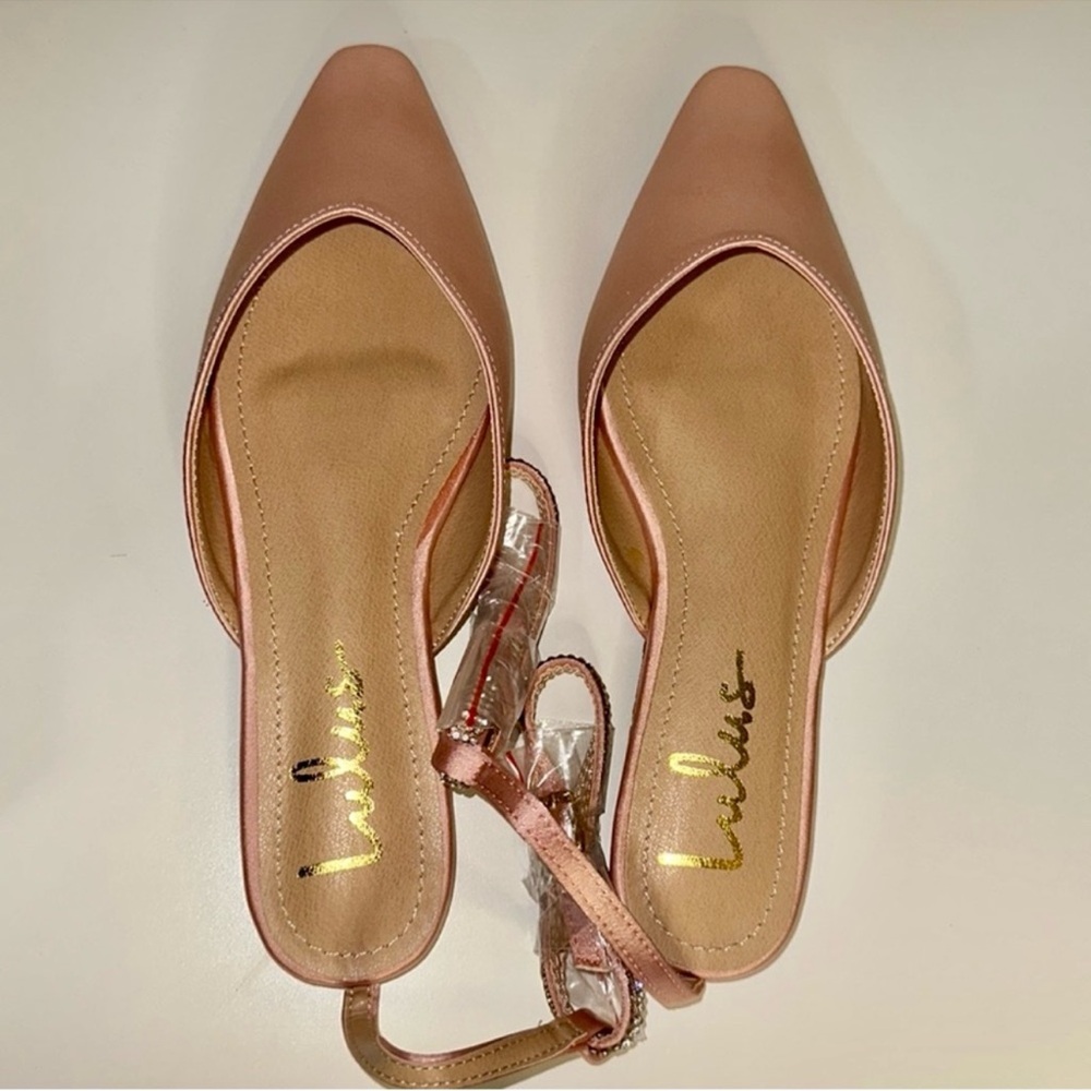 NIB Lulu’s Valetta Champagne Pink Satin Rhinestone Ankle Strap Flats 7